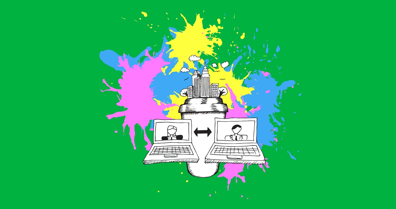 Digital animation of multiple business concept icons over paint splash against black background