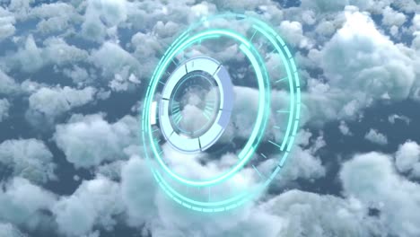 Animation-of-safe-lock-rotating-over-cloudy-sky