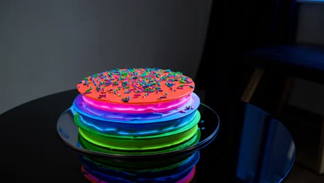 neon rainbow cake on a table