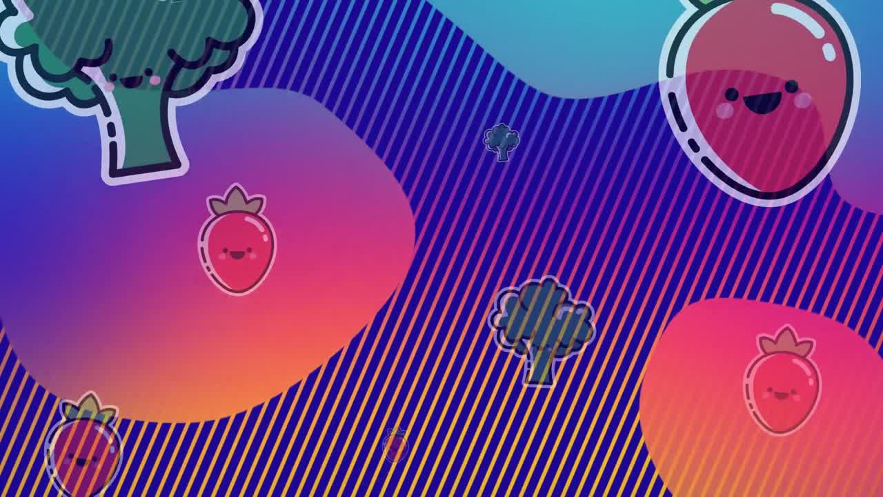 animación de árboles y fresas que caen sobre un fondo de rayas coloridas