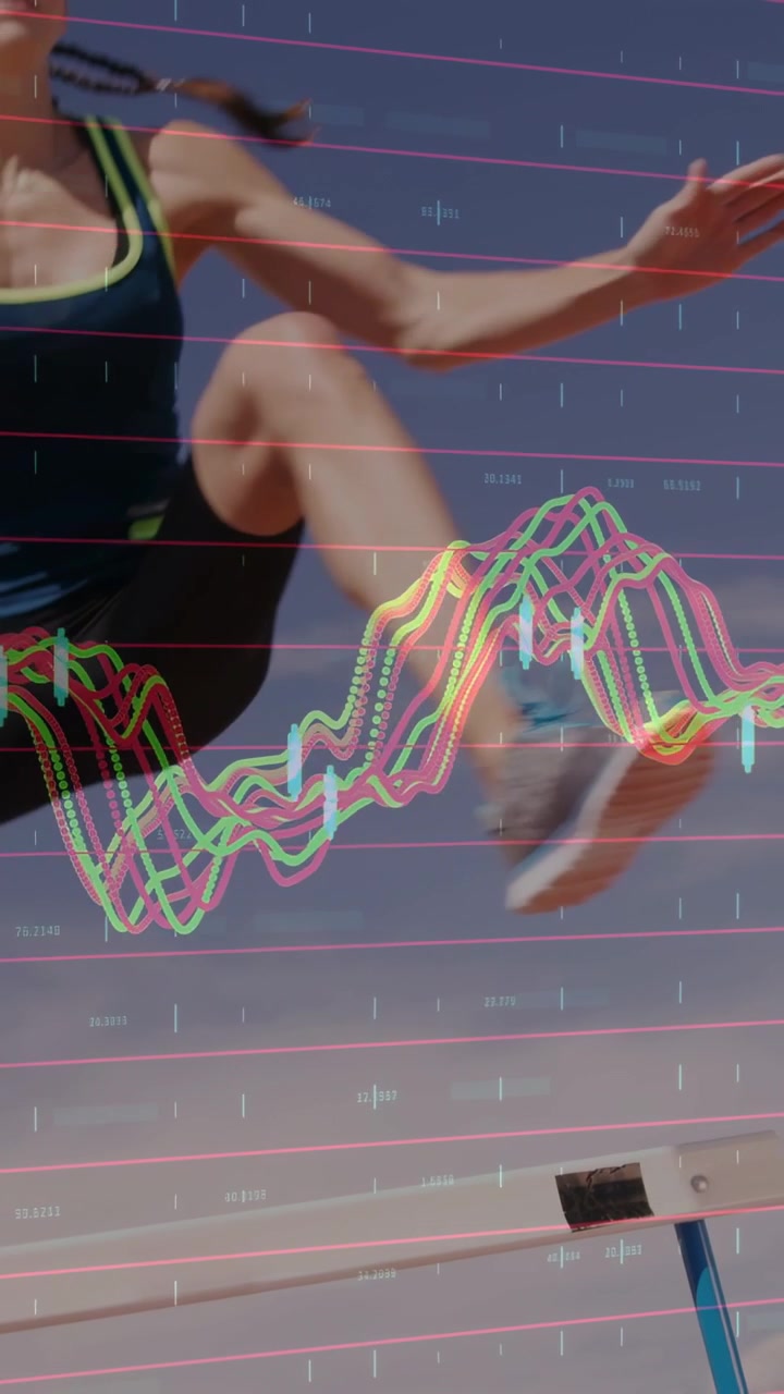 Vertical video: Track athlete entering left, planting foot, leaping hurdle, waveform crossing body