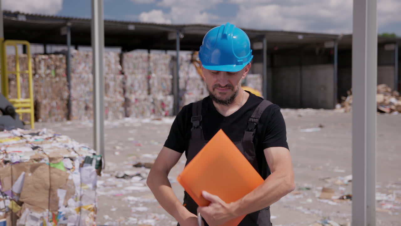 gerente de la instalación de reciclaje de papel con sombrero duro toma notas y mira a la cámara