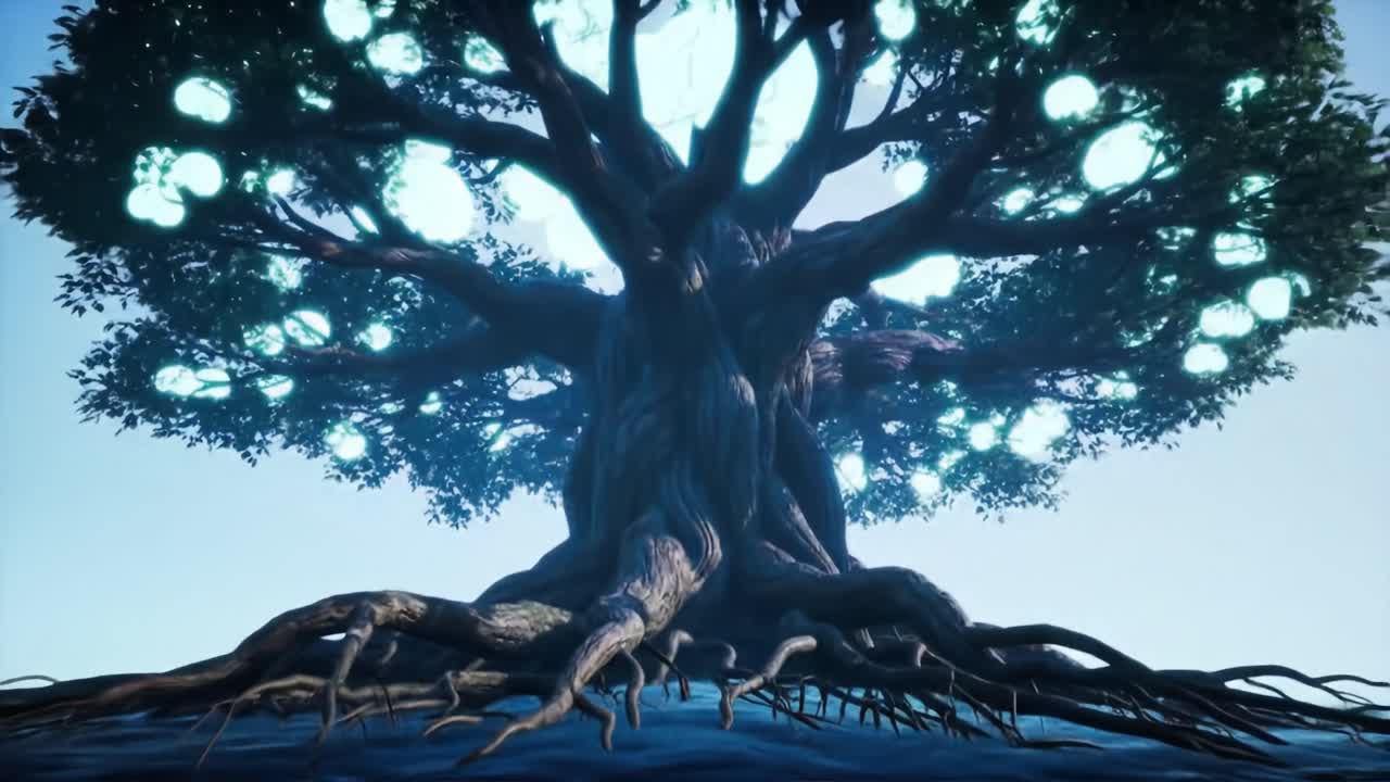 A Majestic Tree with Glowing Orbs: The Enigmatic Beauty of Nature Merging with Abstract Elements in a Mystical Landscape