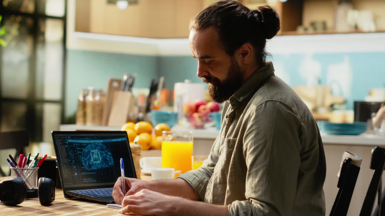 Independent worker monitoring AI machine learning systems on laptop