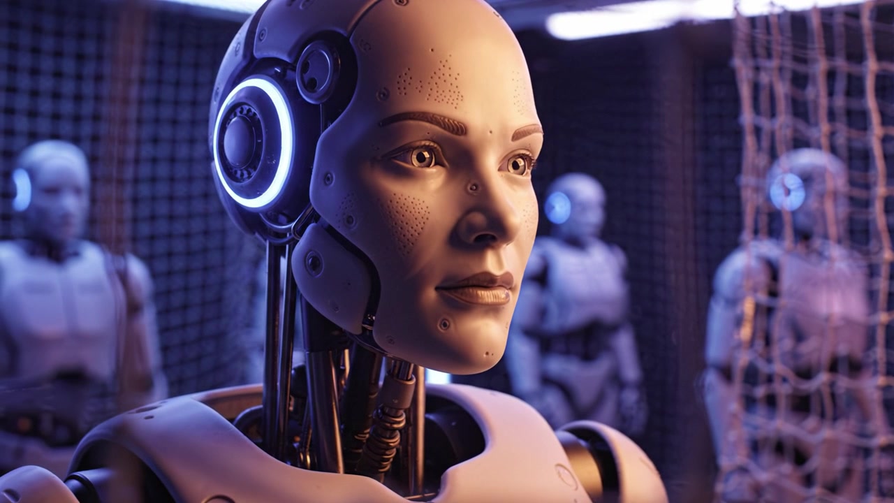 A captivating portrayal of an advanced humanoid robot with a glowing headset showcasing intricate features in a high-tech environment, emphasizing the blend of technology and humanity.