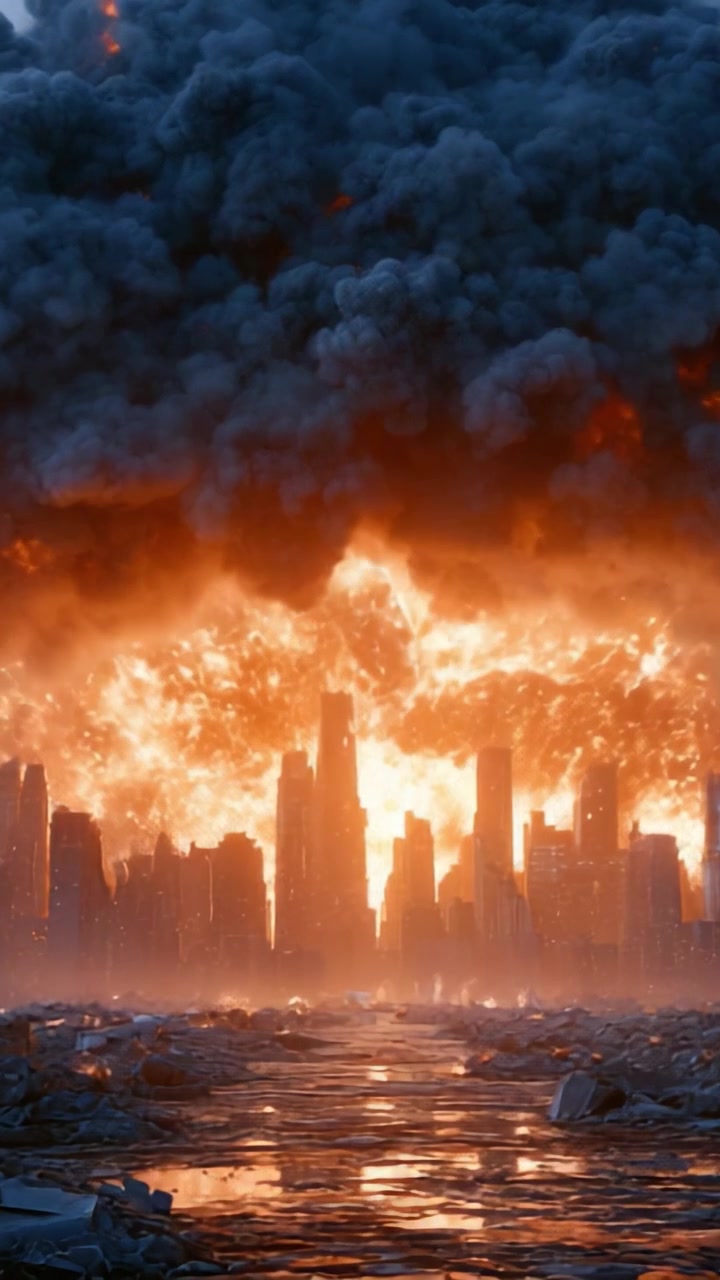 Una vista panoramica di una città avvolta in una tempesta di fuoco esplosiva, che mostra imponenti edifici stagliati contro un inferno mentre fumo e detriti riempiono il cielo, irradiando un senso di caos e devastazione.
