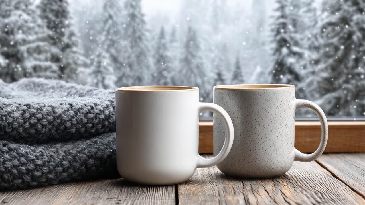 Scena invernale accogliente con due tazze eleganti e una coperta calda accanto a una finestra innevata, invitando al comfort e al relax in un ambiente sereno.