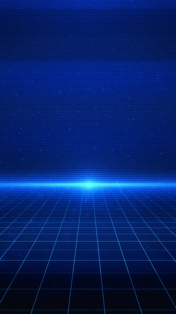 Blue retro grid horizon background with glowing floor lines star particles scan texture and bright