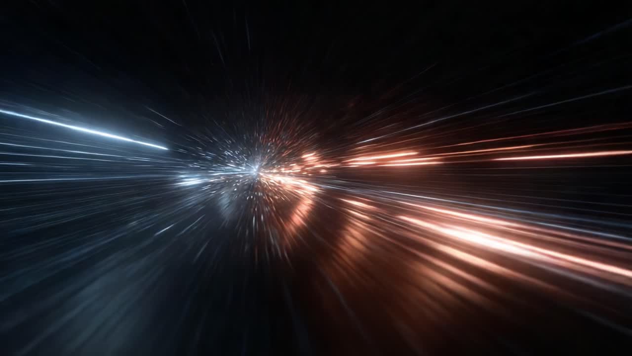 A captivating visual journey through dynamic light streams, showcasing a mesmerizing blend of blue and orange hues in a high-speed motion backdrop that evokes a sense of wonder