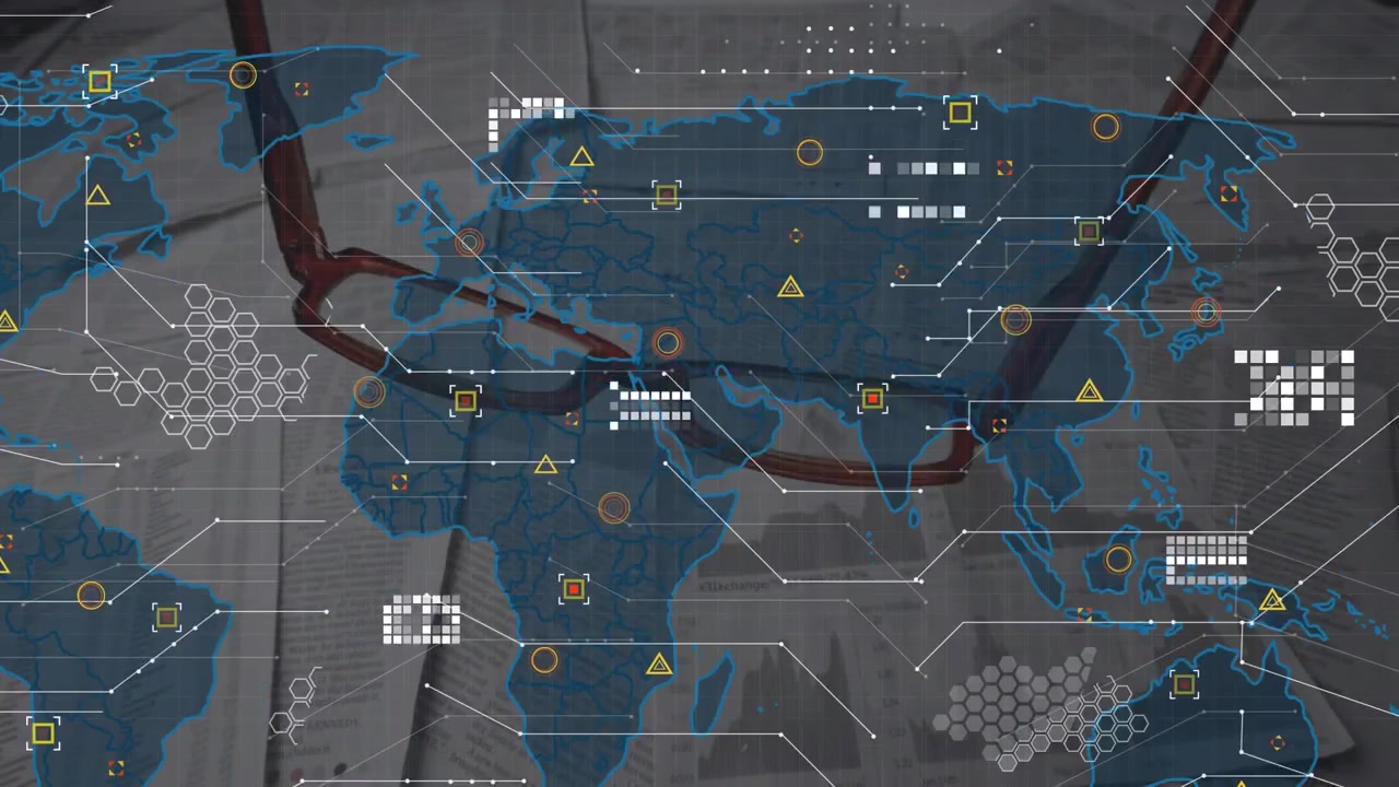 Animation of data processing and world map over documents