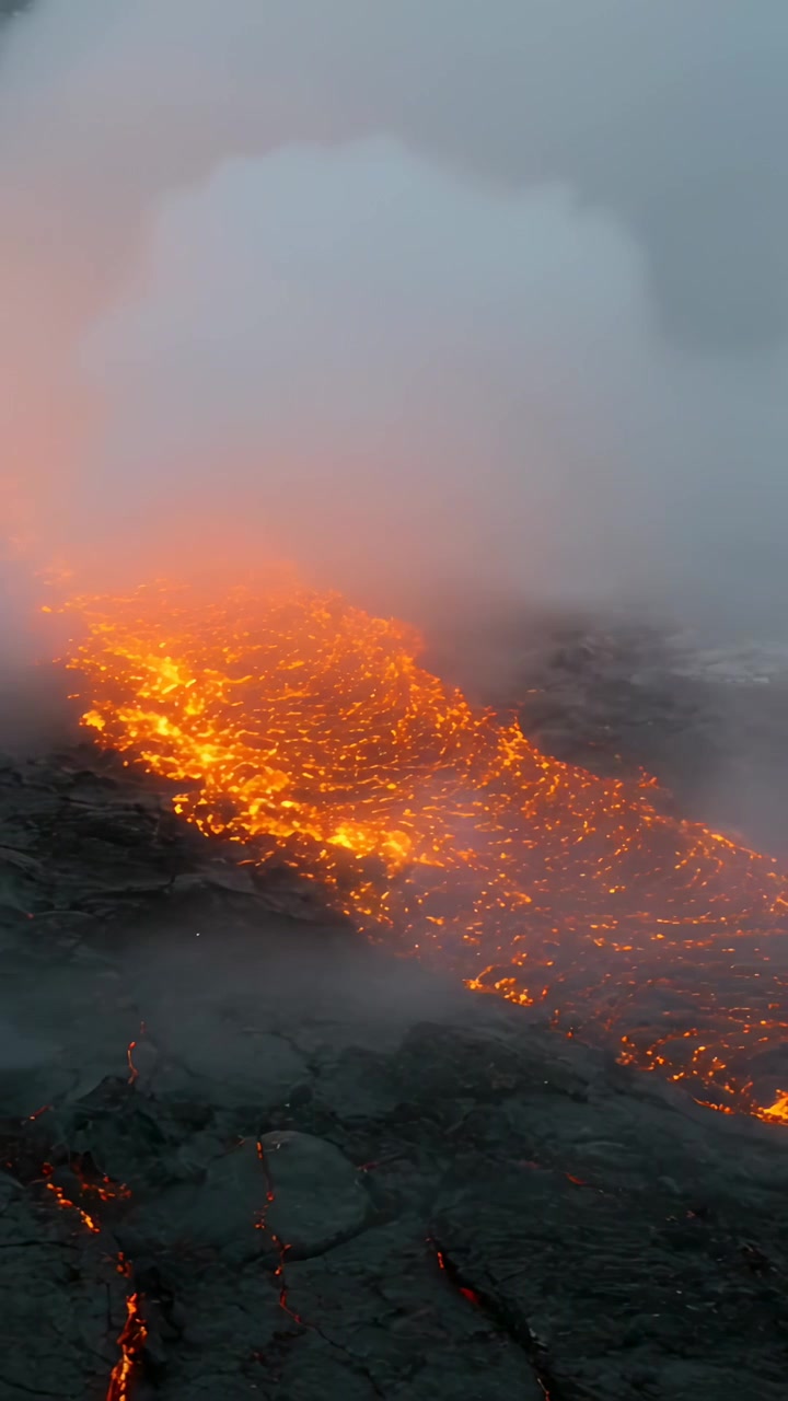 Vertical video: Flowing molten lava channel moving across dark crust, vent feeding, steam rising