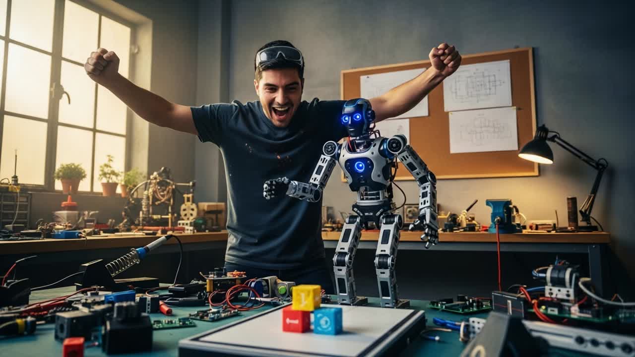 Excitement in Robotics: A Man Celebrates Success with a Humanoid Robot in a Creative Workshop Filled with Tools, Electronics, and Innovative Designs, Showcasing the Future of Technology and Human-Robot Interaction
