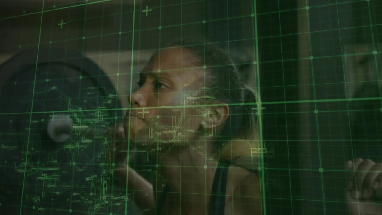 Female lifter bracing barbell, lowering and rising for fitness, green HUD tracking, spotter helping