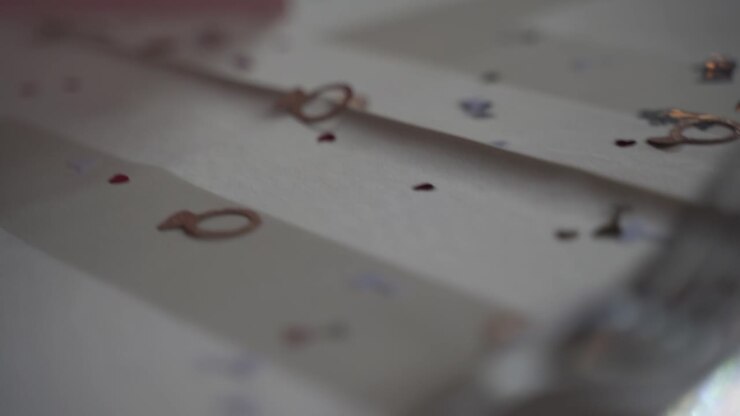 Close-up of wedding confetti on a table with a white tablecloth, with small hearts and glasses and rings