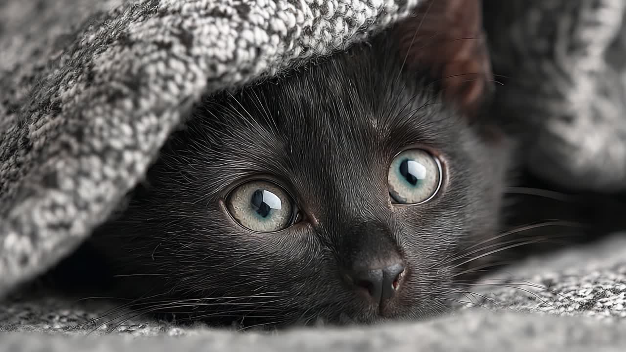 En nysgjerrig svart katt titter frem under et koselig teppe, som fanger essensen av lekenhet og komfort i sine slående uttrykksfulle øyne