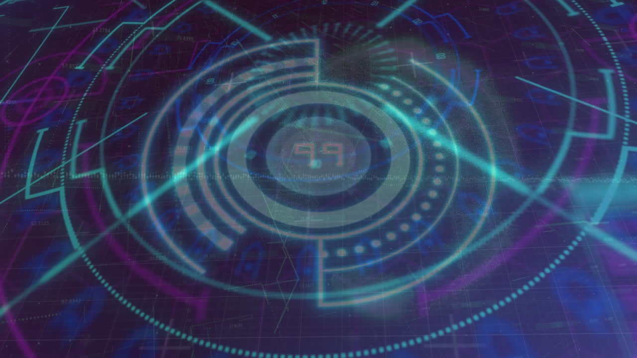 Animation of glowing circular patterns with futuristic digital interface elements