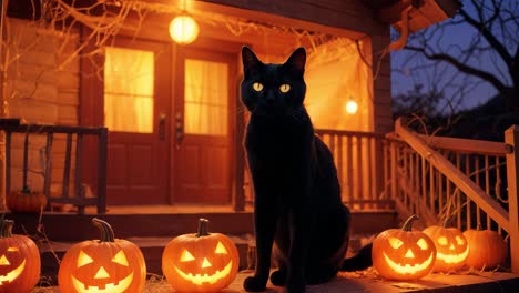 black cat on halloween porch with jack-o'-lanterns