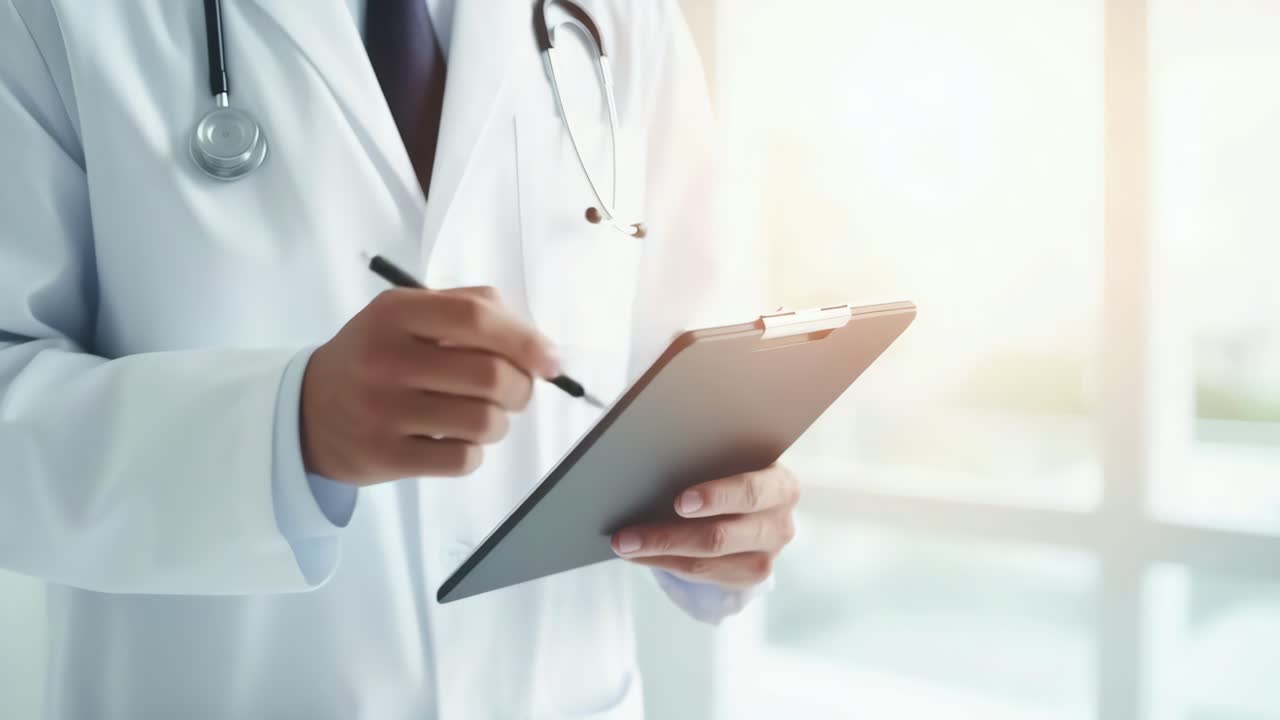 Close-up video frame of a doctor writing on a clipboard, with a stethoscope