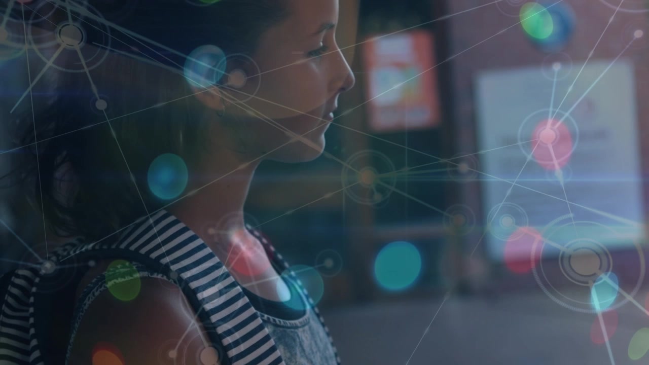Animation of network of connections and light spots over caucasian student