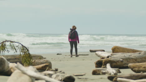 unrecognizable woman walking between washed up driftwood on a beach in canada