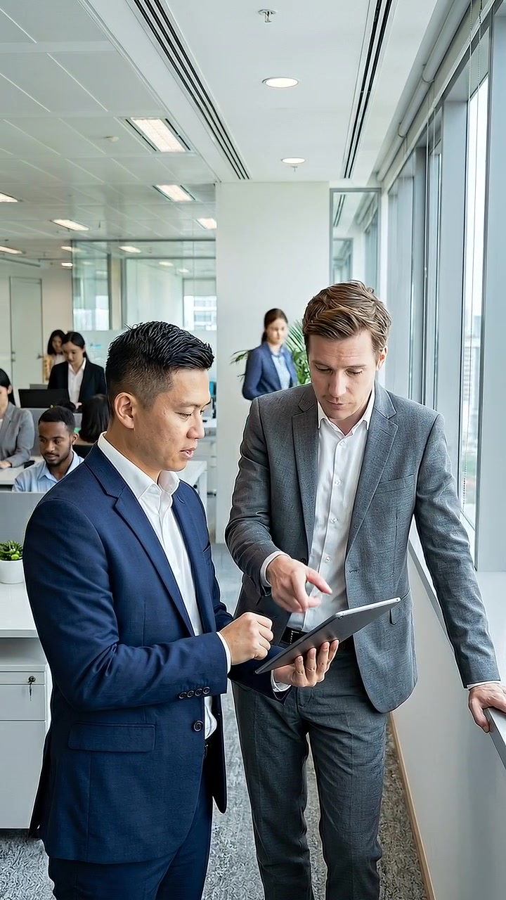 Dua Pengusaha Pria Mendiskusikan Pekerjaan di Tablet di Kantor Modern