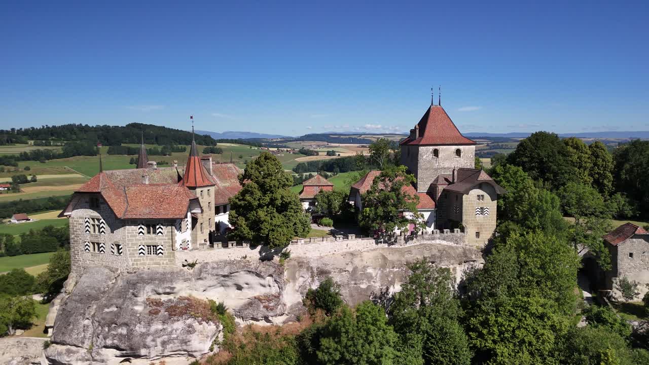 Rue Medieval castle Switzerland Fribourg canton Swiss heritage site aerial drone