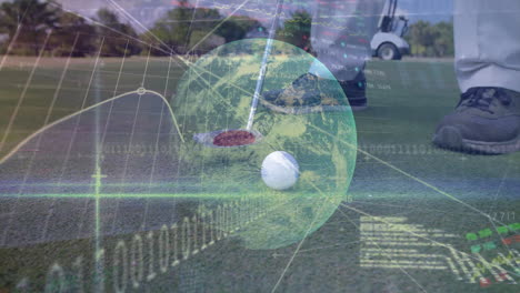 white golf ball resting on green while putter head positioning, 3d render displaying data overlays