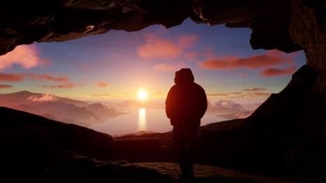 silueta contemplativa en una cueva al amanecer o al atardecer sobre un lago de montaña