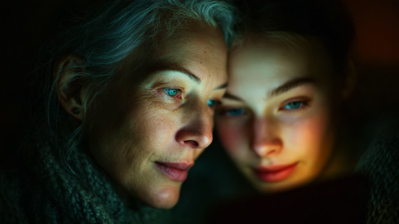A Serene Moment of Connection: A Mature Woman and a Young Girl Share an Intimate Experience, Highlighted by Their Close Proximity and Soft Expressions in a Dimly Lit Environment