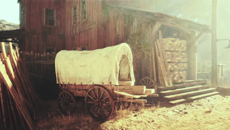 a vintage covered wagon parked in front of a wooden cabin in the wild west.