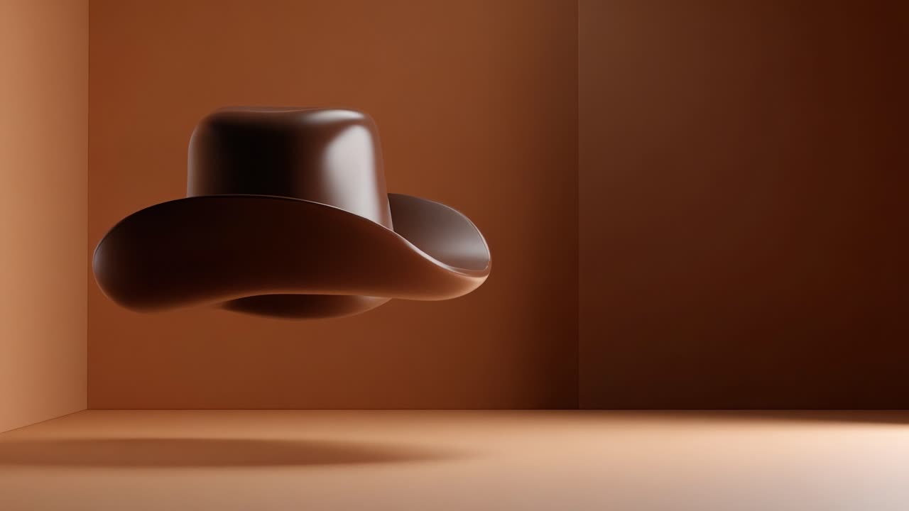 A captivating sequence featuring a floating cowboy hat, showcasing its elegant design and unique aesthetics in a minimalist, warm-toned environment