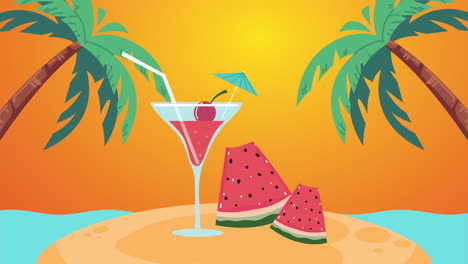 summer time animation with cocktail and watermelon in island