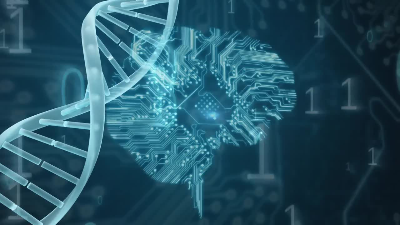 Animation of spinning DNA agaisnt data connections ans electric circuit