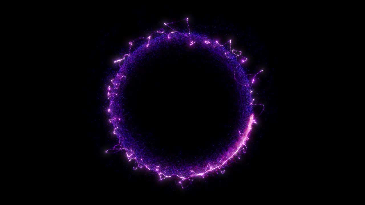 animación de un portal púrpura redondo formado por partículas y ráfagas de energía aisladas en fondo negro con alpha luma matte vfx cg 4k.