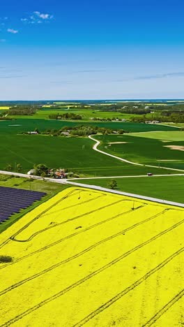 cars pass bright yellow farmland with wind and solar farms during high angle time lapse