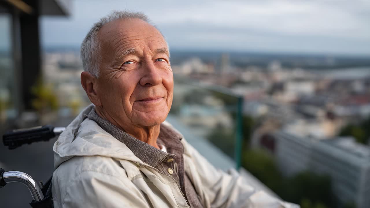Un anciano disfrutando de un momento de paz al aire libre, mirando pensativamente a la distancia, rodeado de vistas panorámicas del horizonte y el perfil urbano.