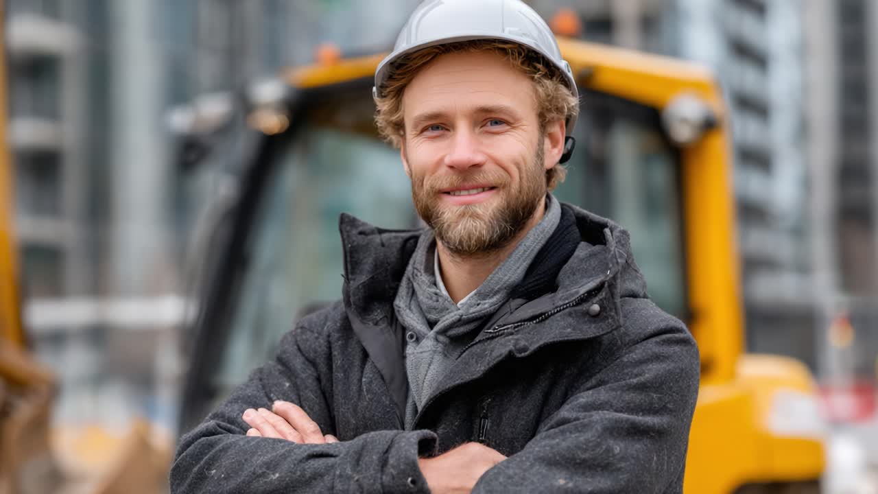 Confident Construction Worker Posing with Heavy Machinery on Site, Showcasing Skills and Professionalism in Modern Urban Environment