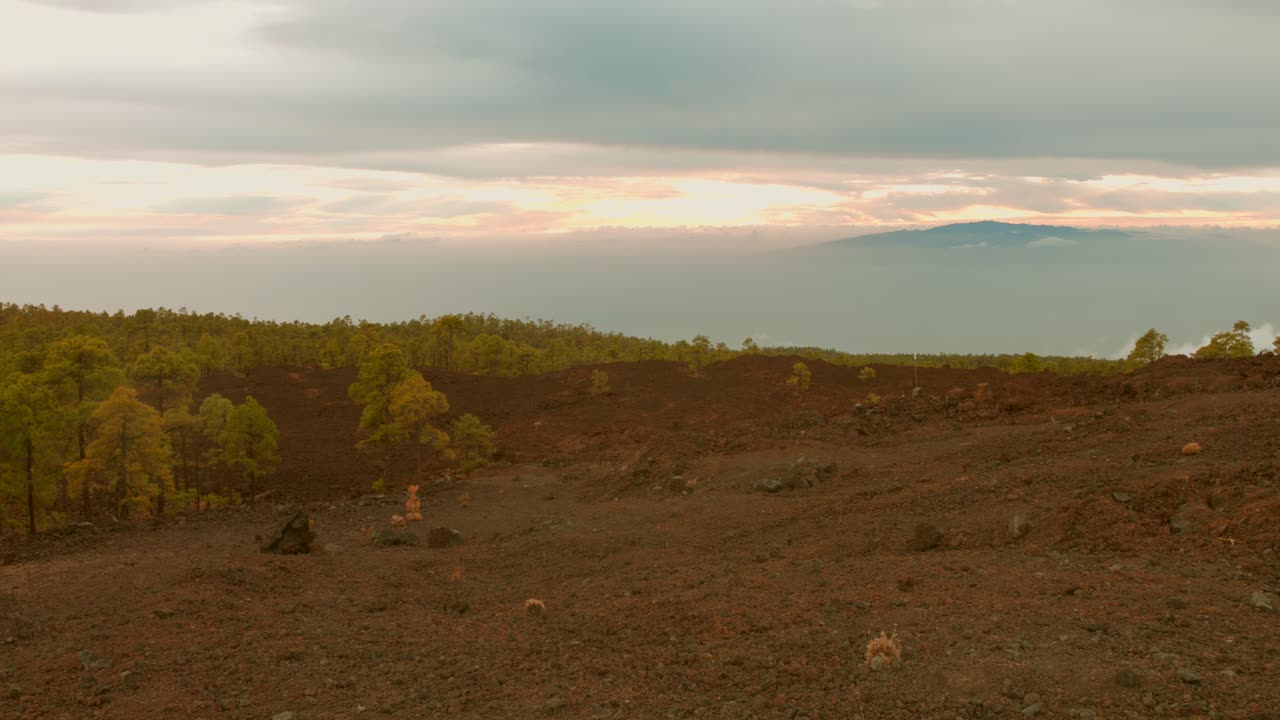 The vast, rugged terrain of Teide National Park, where unique volcanic rock formations meet sweeping skies and lush green foliage, creating a stunning, serene atmosphere.
