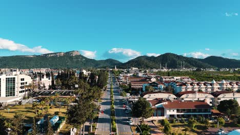 Drone-View-of-Kemer-City-of-Antalya,-Resort-Town-on-Mediterranean-Coast-of-Turkey