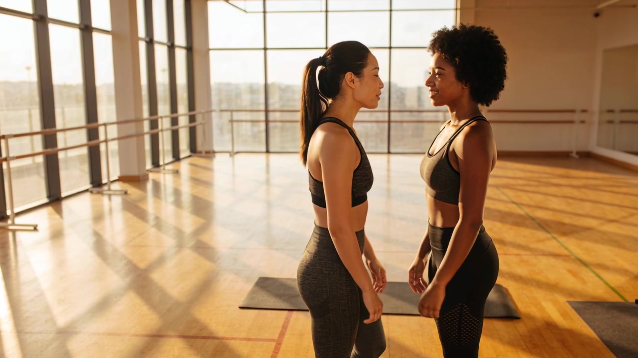 Clasping, two women touching, releasing, steadying on mats in studio sportswear preparing warmup