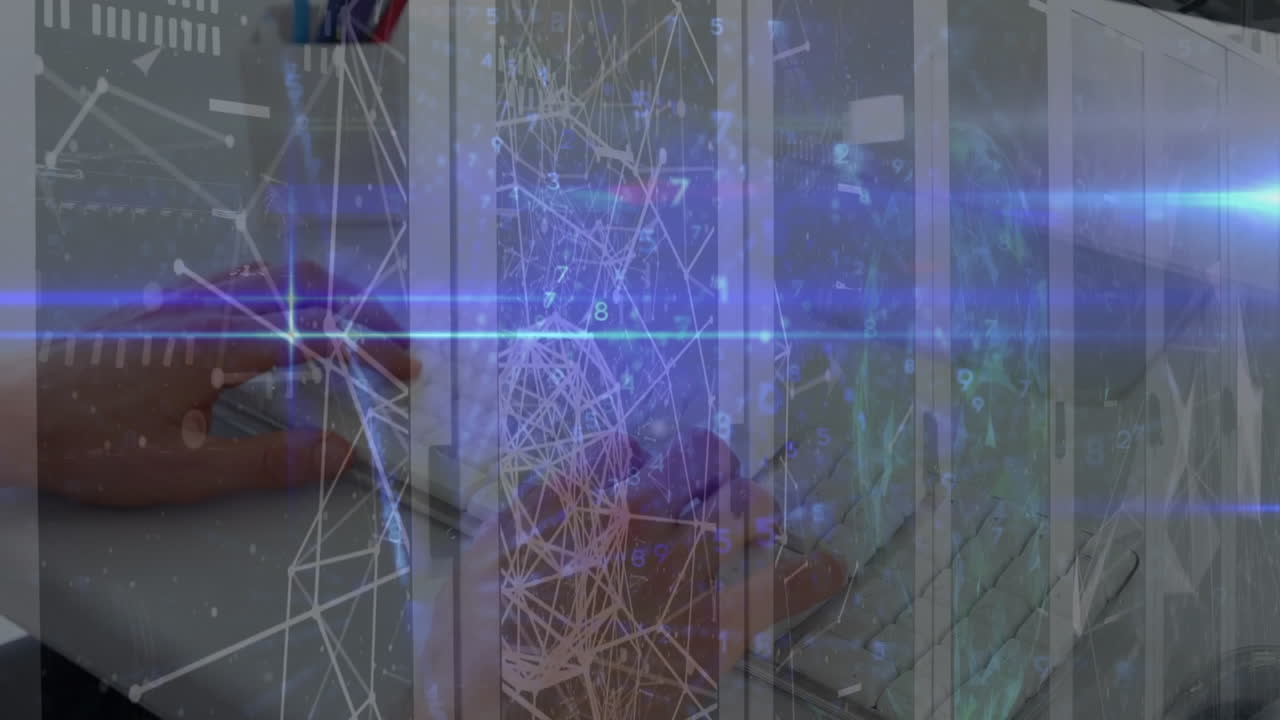 Animation of network of connections over man typing on computer keyboard