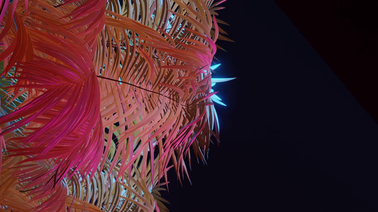 검은 배경에 잎이 있는 마법의 화려한 야자나무 가지, 세로 3d 렌더링