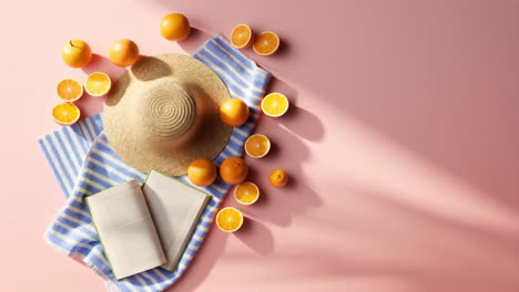 summer relaxation flat lay with hat, book, and oranges on pink background