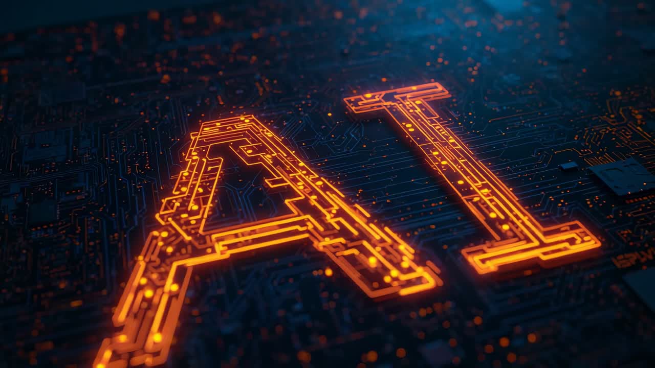 Lighting traces forming AI letters on PCB, power flowing left to right and indicating boot