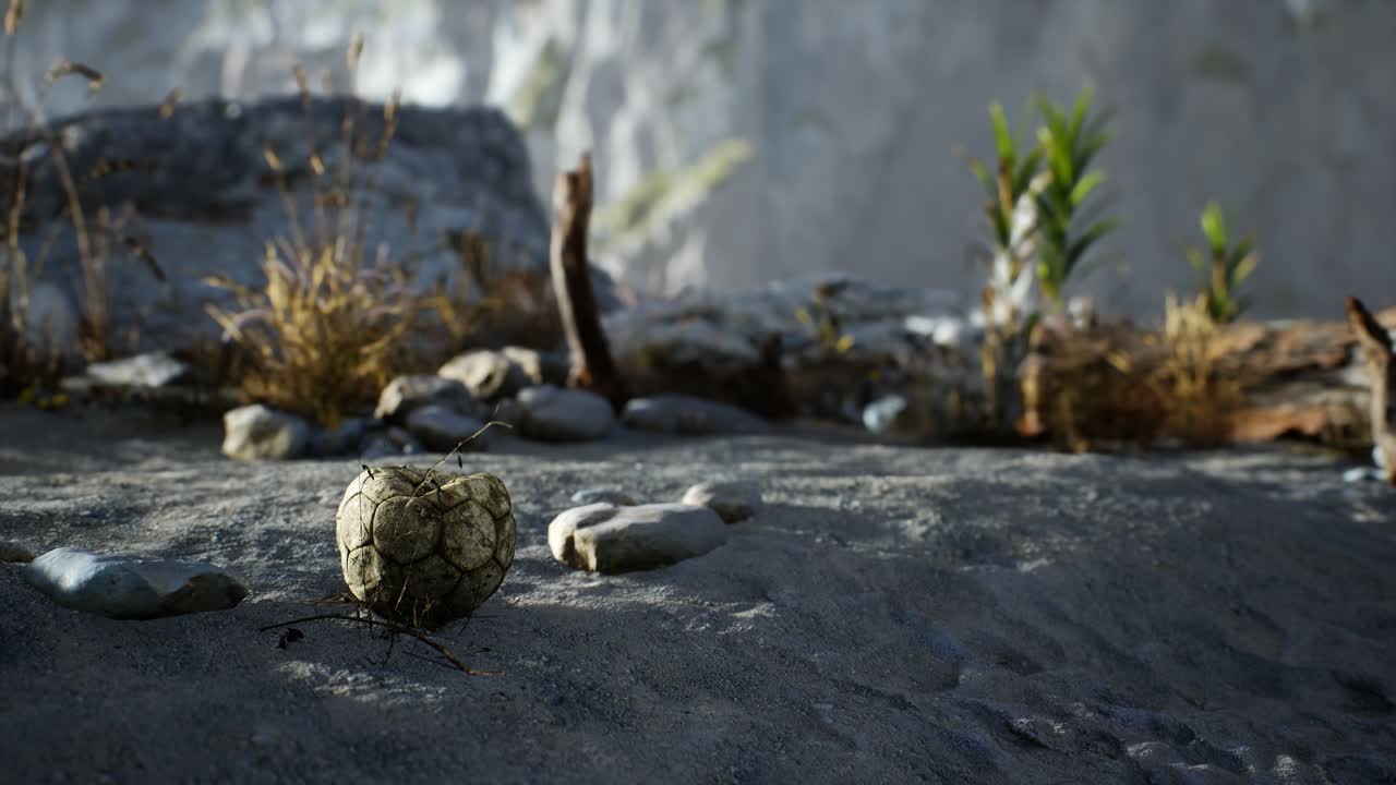 ⁇ 은  ⁇ 어진 축구 공이 바 ⁇ 가의 모래에 던져져 있습니다.