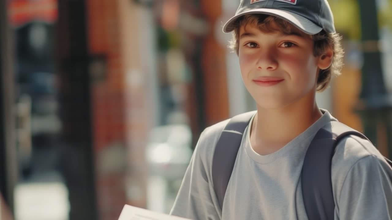 A young boy with a backpack smiling on a sunny street