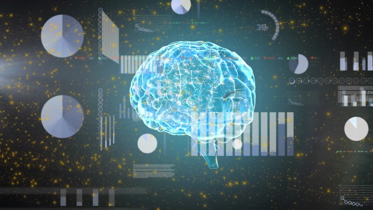 Animation of human brain over data processing on dark background