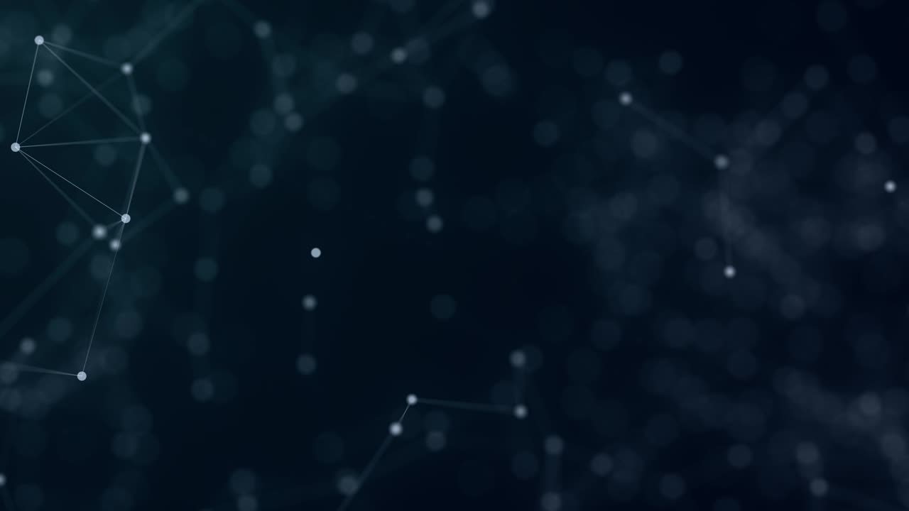 Snow-white abstract technology and caliginous, deep black background with plexus elements and depth of field settings. 3D rendering. Action. Animation. 4K.