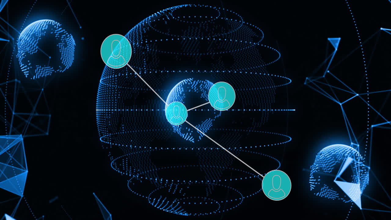 Animation of digital globe with user icons showing global network communication