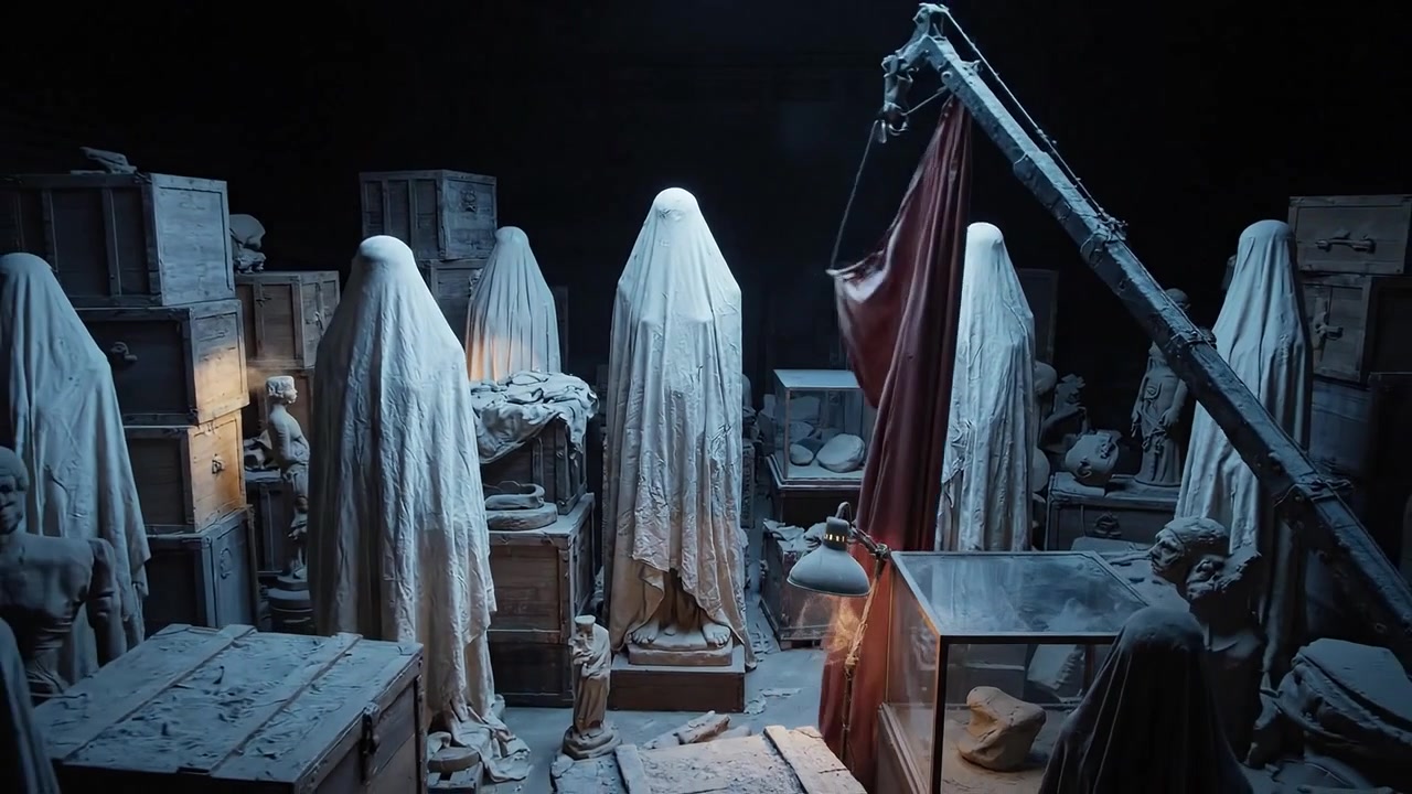 Uno spazio di archiviazione misterioso pieno di manufatti impolverati e figure velate, che evoca un'atmosfera di intrigo e scoperta in un ambiente abbandonato